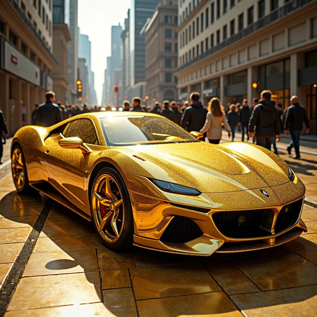Create me a beautiful car that will catch people&#39;s attention in a scenario that will catch people&#39;s attention too, a car made entirely of gold