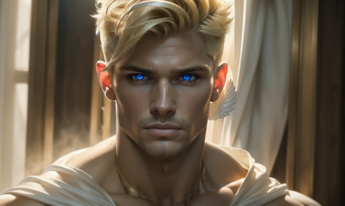 [((highly detailed, detailed eyes, detailed face, clear and realistic facial features, photorealistic, realistic light, cinematic)), (1 man), (((((Gorgeous perfect sexy powerful masculine male angel))))), ((powerful pose)), ((((short blond hair, eyes with white iris)))), ((35 years old)), ((wearing flattering angelic clothes)), (((aura of divine power))), standing in a cozy apartment at nighttime, ((light blush)), (((wearing a clearly indignant expression)))]