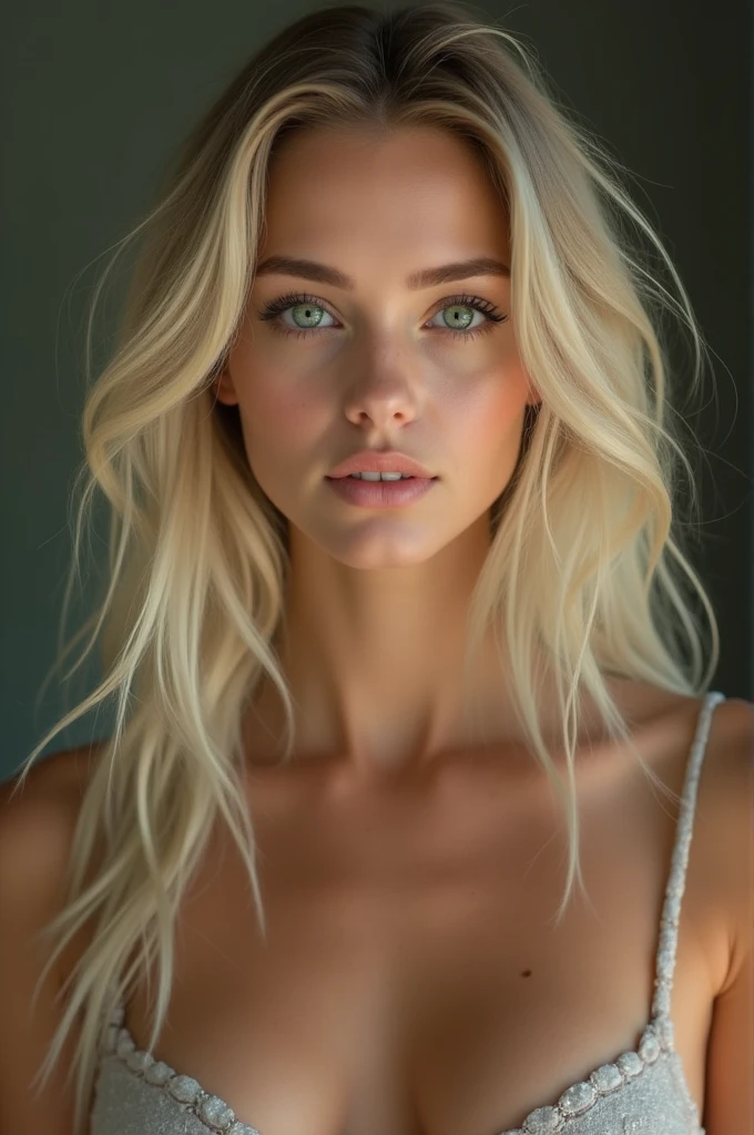 Create a blonde woman with green eyes and a medium ass without clothes