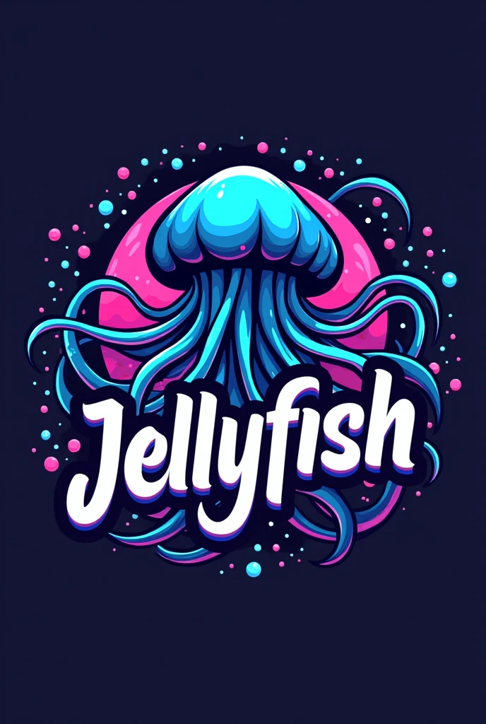 Design me a logo for a women's ultimate frisbee sports team called jellyfish up with blue and purple colors. I would like the name to be large and in white with black relief in Spanish, the jellyfish in a circular shape with crazy tentacles.