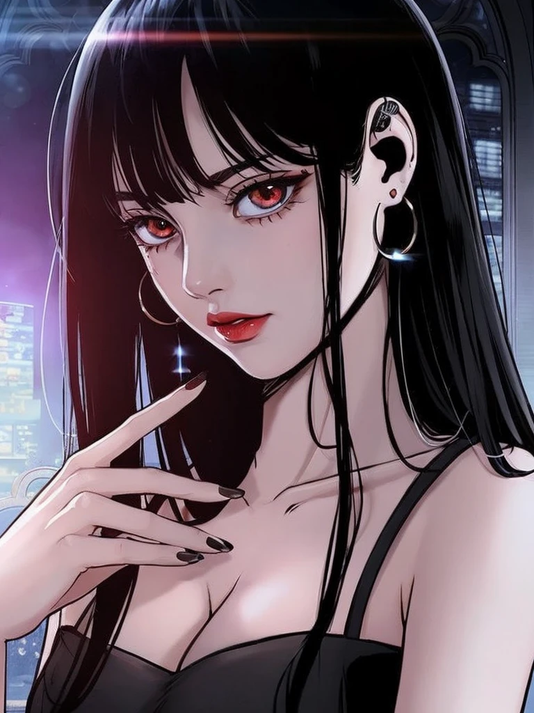 Girl with long black hair with bangs, Red eyes, red natural lips, big breasts