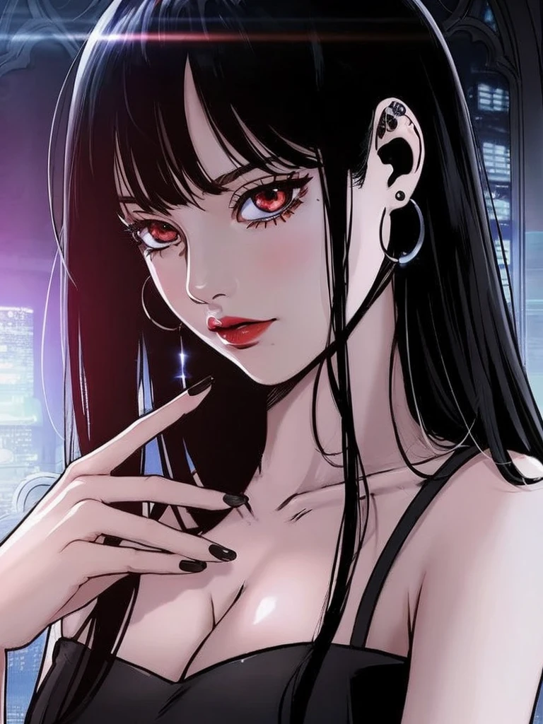 1girl, (best quality, 4k, 8k, highres, masterpiece:1.2), ultra-detailed, (portrait, mid-twenty,solo_female,dress, straight_hair,collarbone,(masterpiece,best quality), black hair, gothic, black lipstick,smirk,hair pulled back,hair_pulled_back,milf,mature_woman,hair_pulled_back,city background,neon city background , cityscape, dangerous, evil woman , messy hair
