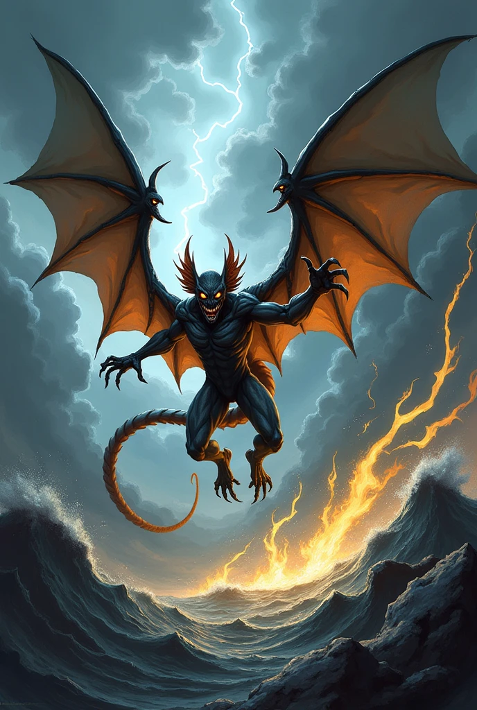 Design a 2D stylized illustration of 'Wind,' a bat-like creature embodying the air element. Wind should be in a fast, attacking pose, with wind currents swirling around it. The background should feature a stormy sky with lightning flashes, dark clouds, and gusts of wind, creating a dramatic and energetic environment that captures the force and unpredictability of the air element.