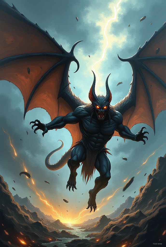 Design a 2D stylized illustration of 'Wind,' a bat-like creature embodying the air element. Wind should be in a fast, attacking pose, with wind currents swirling around it. The background should feature a stormy sky with lightning flashes, dark clouds, and gusts of wind, creating a dramatic and energetic environment that captures the force and unpredictability of the air element.