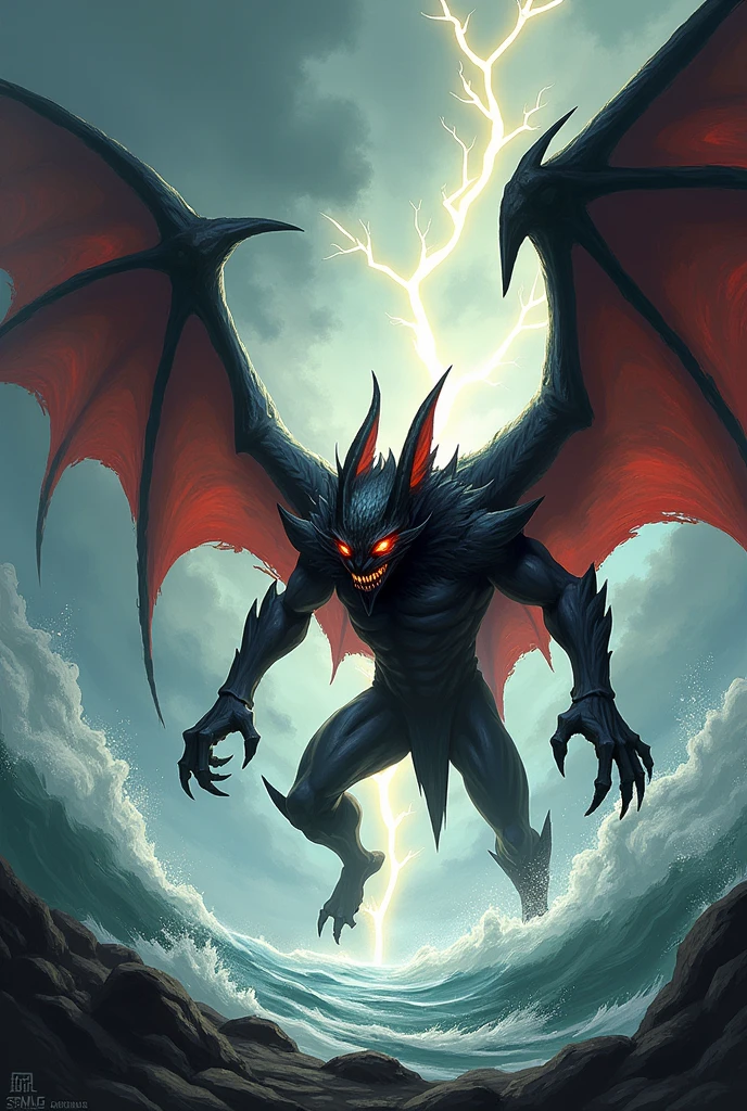 Design a 2D stylized illustration of 'Wind,' a bat-like creature embodying the air element. Wind should be in a fast, attacking pose, with wind currents swirling around it. The background should feature a stormy sky with lightning flashes, dark clouds, and gusts of wind, creating a dramatic and energetic environment that captures the force and unpredictability of the air element.