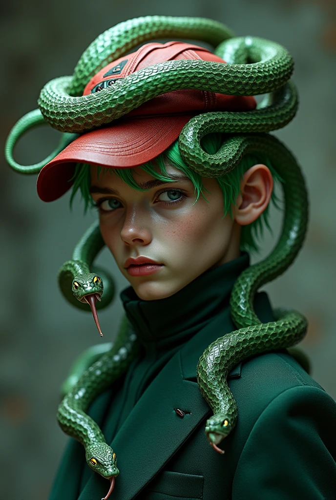 Young man with green hair made of snakes and covered with a red cap and dark green suit with gray snakes only in his hair and covered with the cap
