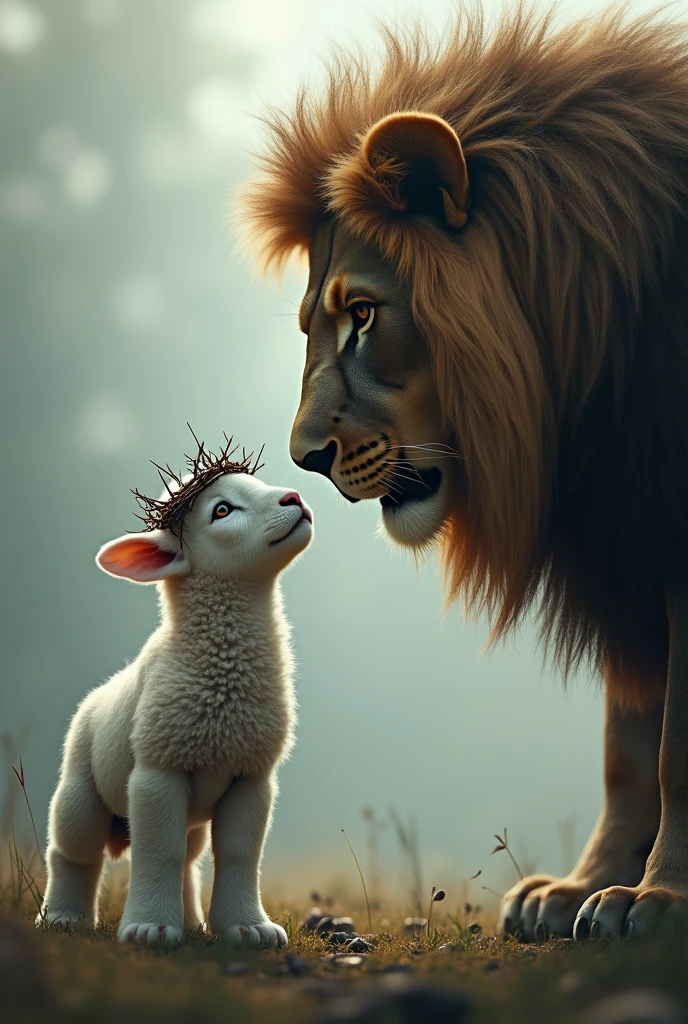 A wounded baby lamb with a crown of thorns looking face to face with a beautiful and glorious lion 
