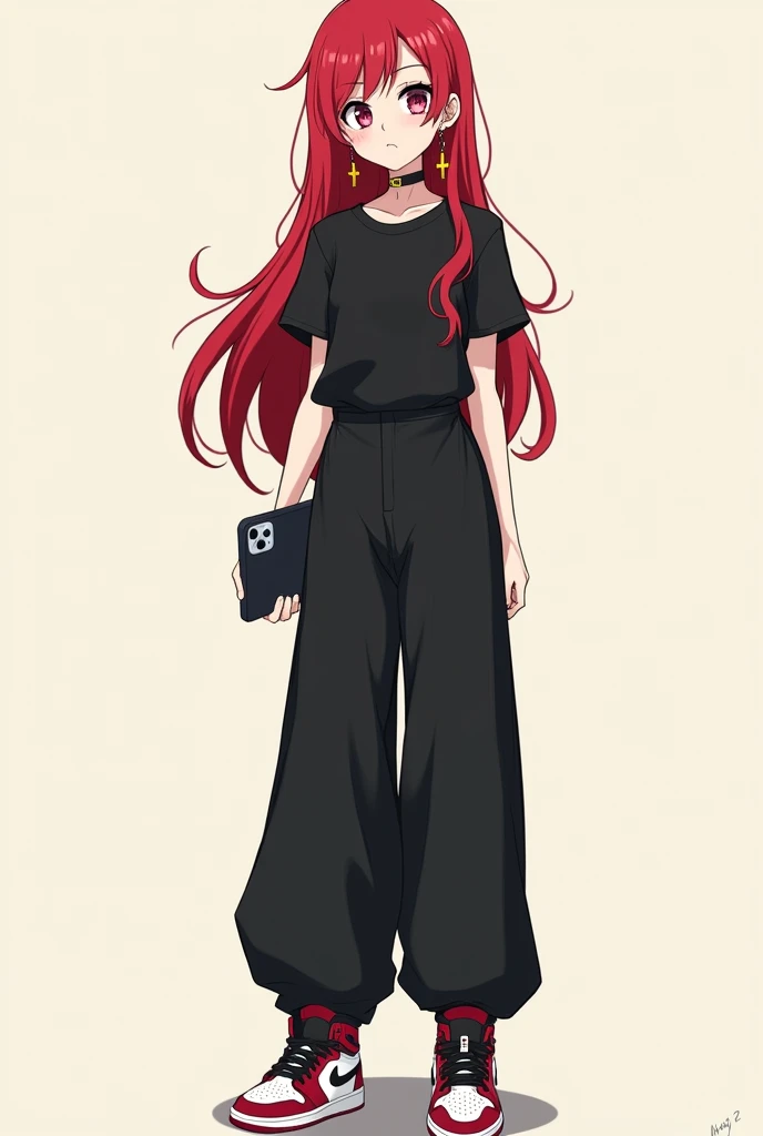 Anime version girl with long red hair, brush on the nose and cross earrings, white skin color, not very tall or very thin, black shirt, long sleeve black jumpsuit, Jordan retro 1 shoes and iPhone 15 pro max in hand 