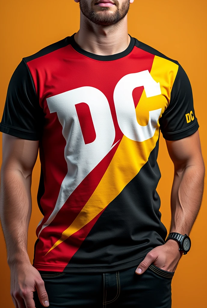 Dance team t-shirt design with red white yellow and black color with DC initials on the chest 
