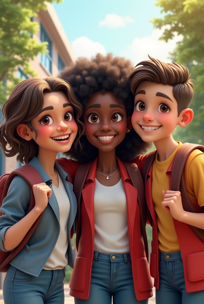 Create an image about smiling students from Luis Madina school, realistic with three people a brunette, another black and another white 