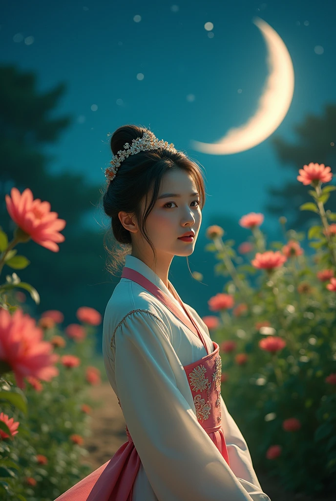 best quality, high_resolution, distinct_image, detailed background ,saxy girl, so short dress hanbok,flower,garden,moon, night,dutch angle, wide shot, crown,