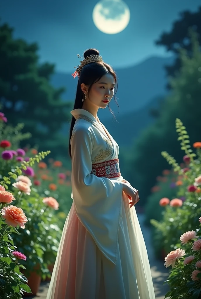 best quality, high_resolution, distinct_image, detailed background ,saxy girl, so short dress hanbok,flower,garden,moon, night,dutch angle, wide shot, crown,