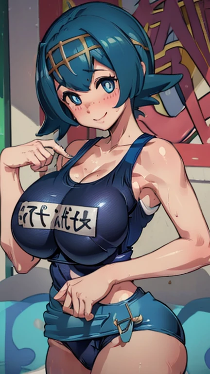 ((masterpiece,of the highest quality)), unstructured,
work_Pokémon,
1 girl, alone, short blue hair, blue eyes, yellow headband, White shirt, His manga, Blue sailor collar, blue pants, bright pupils, (swimsuit under clothes:1.4),(school swimsuit:1.4),
alone, smile, looking at the viewer,big breasts,full bust,slender,toned stomach,(huge breasts),(wide tits:1.3),(full bust),busty, round breasts ,athletic breasts,slender, (curvy physique) ,Skinny body ,(toned stomach)
breath,sweat,Wet,smile afectada,nose blush, heart-shaped pupils, frustrated,breast closeup