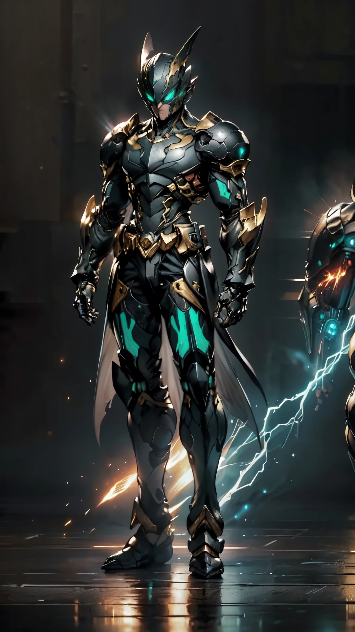 (masterpiece:1.5, best quality:1.5, extremely delicate:1.5), a man wearing a full-face helmet, a fantasy-style biotech armored combat suit, green eyes, (a composite layered chest armor), fully enclosed shoulder guards, matching arm and leg guards, belt of Neon circuit, (the color scheme is primarily black with green and red accents), the design balances heavy with agility, a high-tech bio-mecha armor, (Armor Concept Inspired by Batman, stand on the top of a skyscraper in a futuristic sci-fi city), this character embodies a finely crafted fantasy-surreal style armored hero in anime style, exquisite and mature manga art style, (element, plasma, energy, the armor glows), ((male:1.5)), metallic, high definition, highres, ultra-detailed, ultra-fine painting, professional, perfect body proportions, golden ratio, anatomically correct, symmetrical face, extremely detailed eyes and face, high quality eyes, creativity, RAW photo, UHD, 32k, Natural light, cinematic lighting, masterpiece-anatomy-perfect