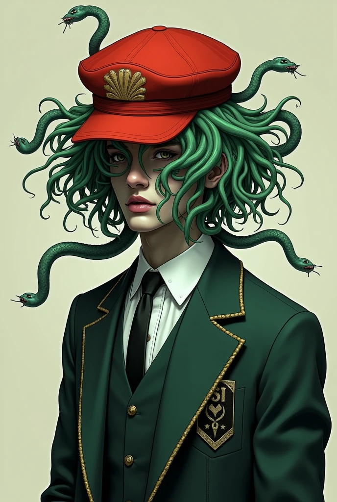 Young man with green hair made of snakes and covered with a red cap and dark green suit with gray snakes only in his hair and covered with the cap