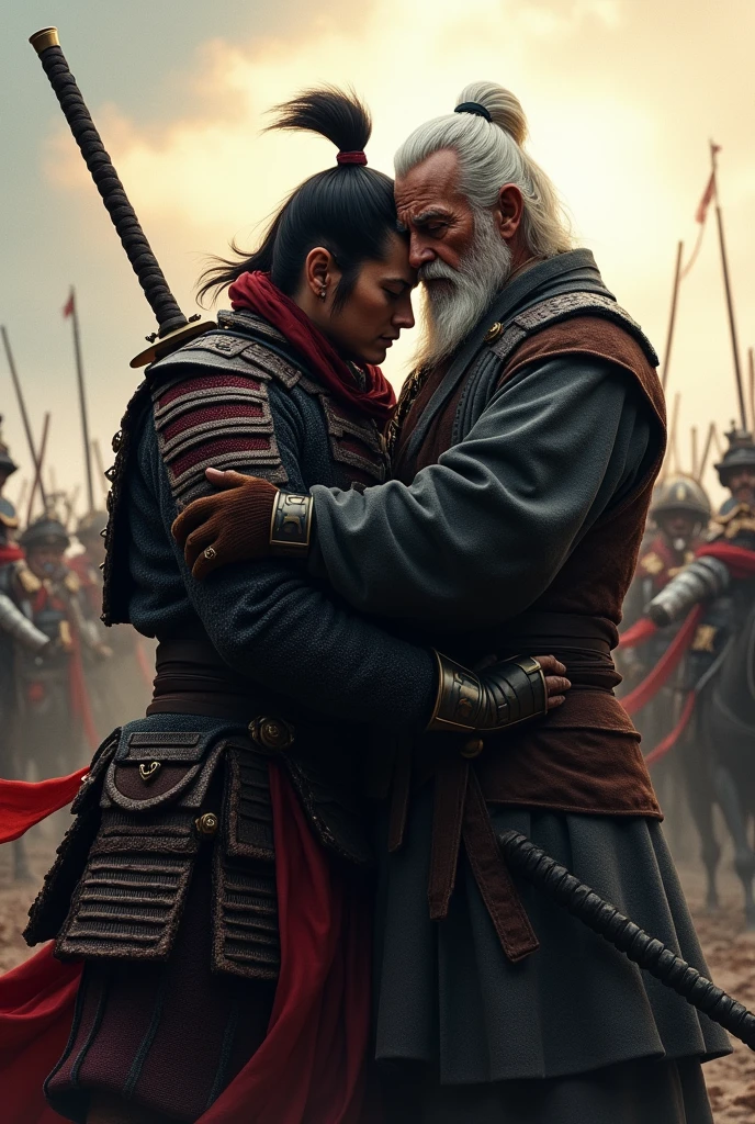 Samurai soldier says goodbye to his master with a hug against a war background