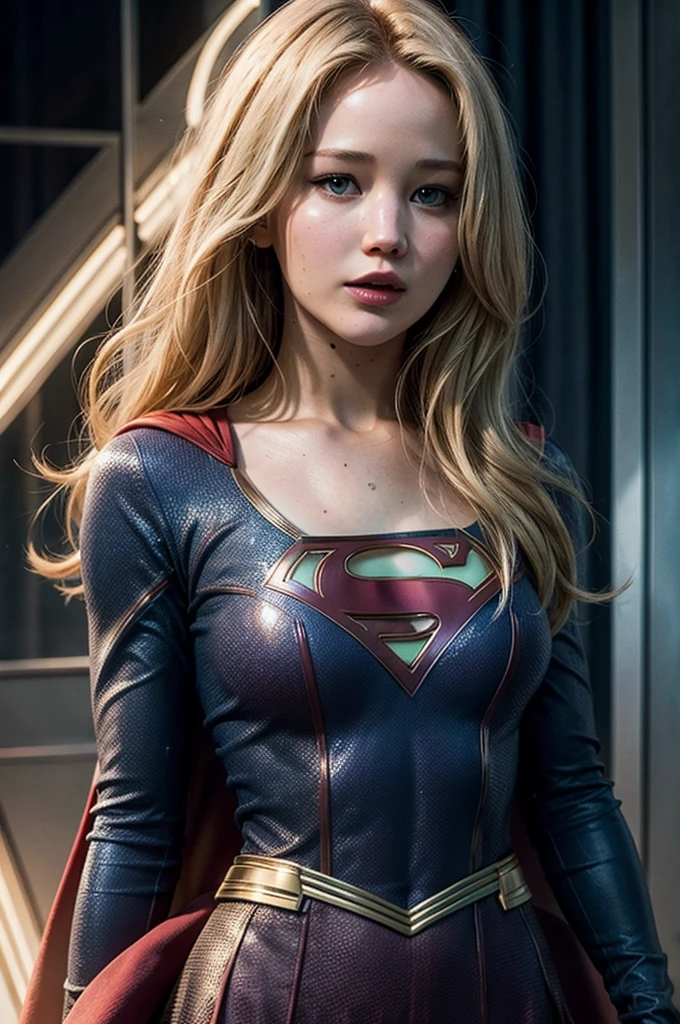 Jennifer Lawrence as Supergirl (DC), long blonde hair.