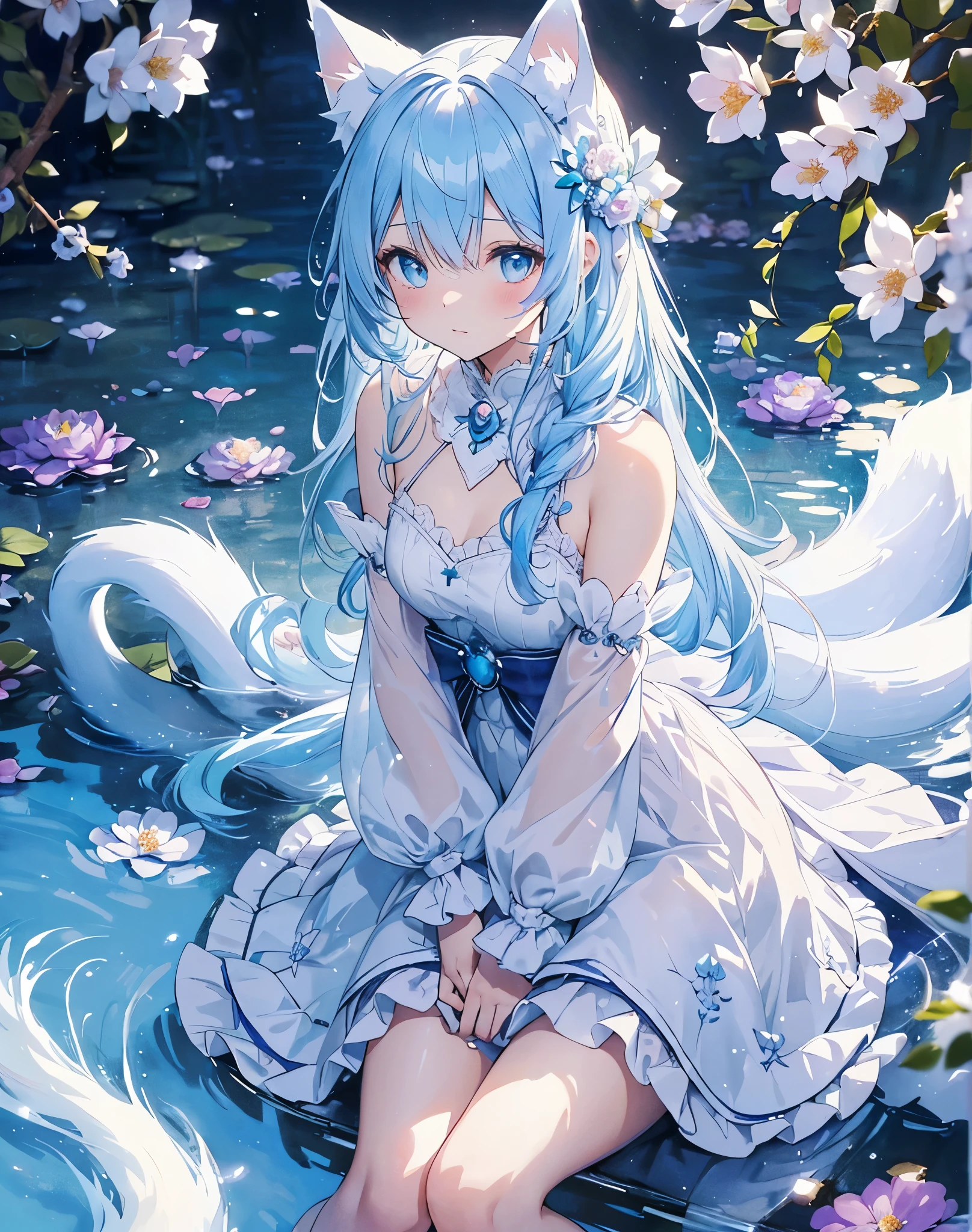 (high quality, 8k), (Soft Light), Iridescent, One nekoGirl, neko ears, fox tail,Detailed face, Beautiful Eyes, watercolor paiting, So magical and dreamy, Dreamy details, Dreamy atmosphereとドラマ, Gorgeous atmosphere, Fantastic and beautiful lighting, Dreamy atmosphere, Beautiful atmosphere, Dreamy Romantic, Fantastic and dreamy theme, Magical atmosphere, Beautiful atmosphere, Anime Background Art, Magical atmosphere + Tabletop, Dreamy aesthetics, Beautiful details with atmosphere, Lots of flowers, bubble, water, garden, Sit on the ground, Shining Eyes. (((Light blue hair))), (((white cat ears))), (((light blue fox tail))). Water. little cute foxies around her