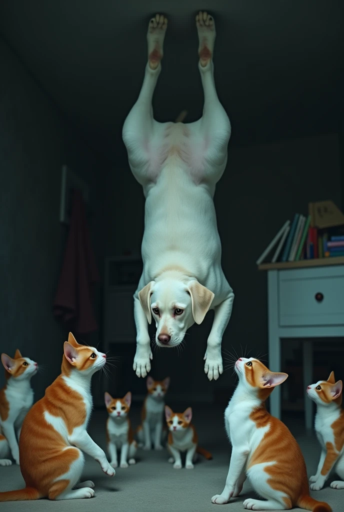white labrador dog, look at the ground, hanging from the hind legs to the ceiling, in a bedroom , Dark light, fear , Inside the house, ,desk with books in the background, white wooden piece, surrounded by black cats with white and orange spots, multicoloured cat