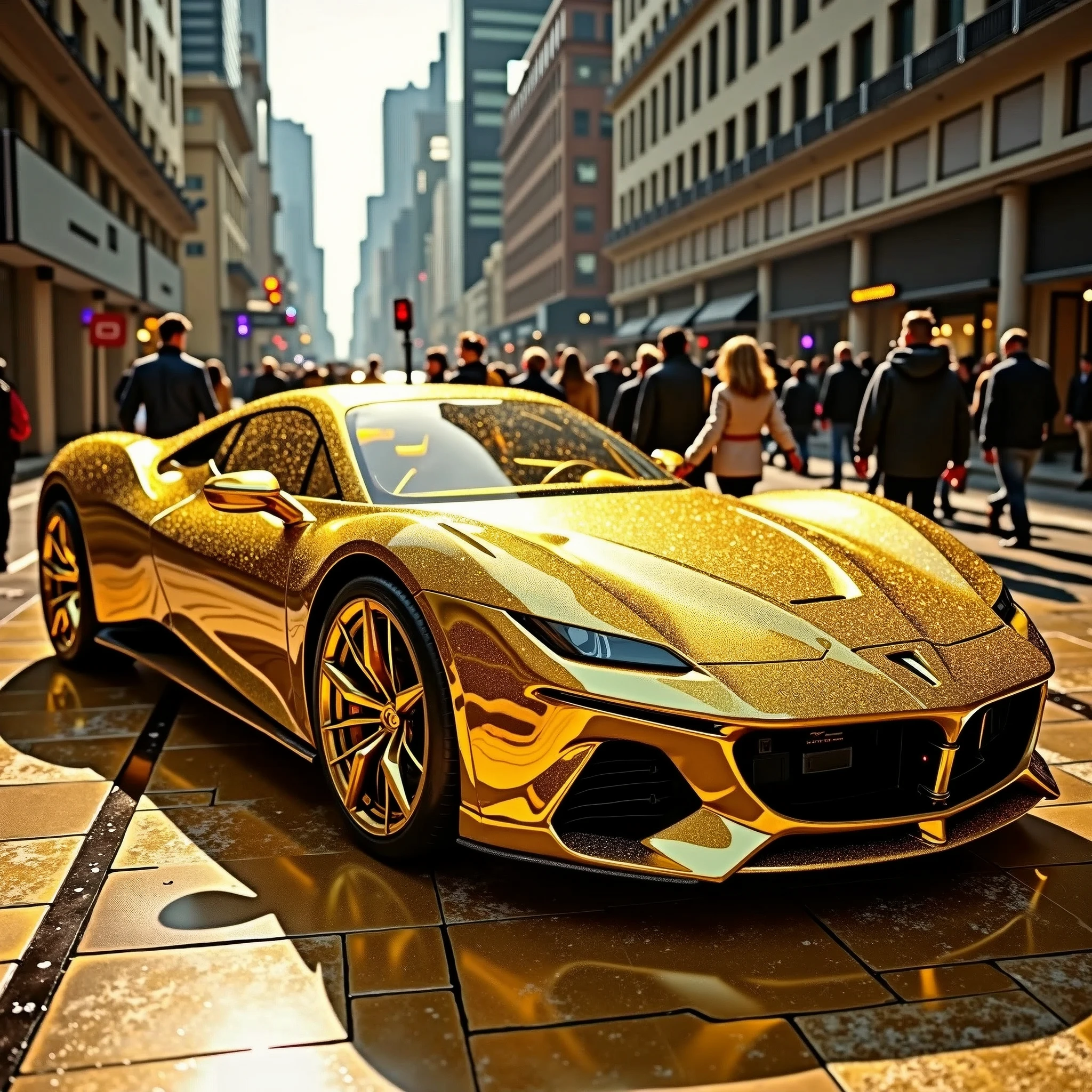 Create me a beautiful car that will catch people's attention in a scenario that will catch people's attention too, a car made entirely of gold