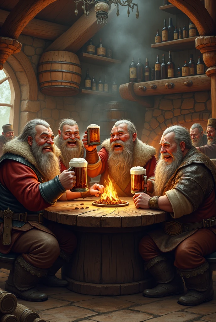 Fantasy dwarfs drinking in a tavern