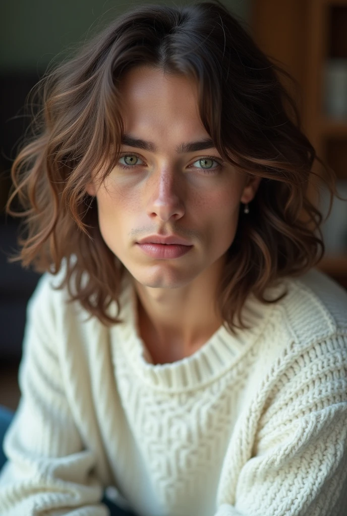 Boy, Olive brownish skin, Italian descendants, living in England as immigrant though, cute, beautiful, strikingly attractive, green eyes and intense, soft pink lips naturally shaped, long, mid-length wavy brown hair cascaded with gentle curls, slender build and delicate features gave him a somewhat feminine appearance, very cute nose, quiet, mysterious, shy, a man, , skinny body yet sexy, wearing a cute white sweater, jean that’s really nice and cozy for winter. Young looking