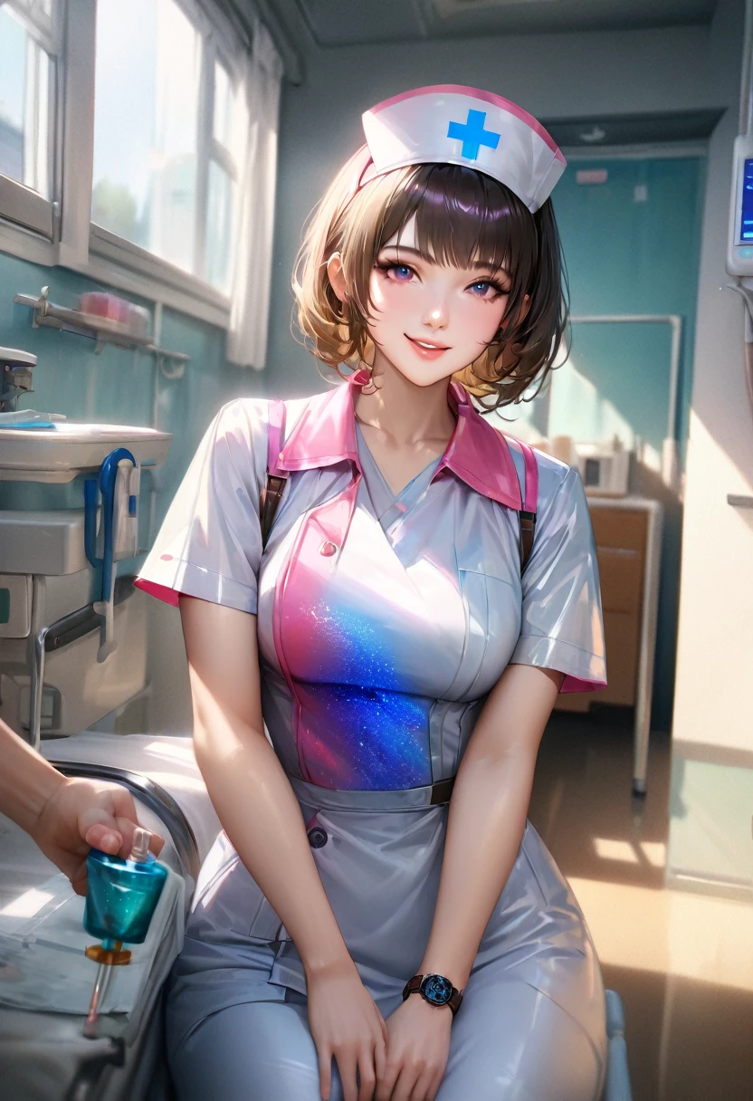 hospital, nurse, nursing cap with blue line, wearing a leather wristwatch, Having an injection, Blur the background,smile,Glitter effect,Highest quality, 8K, High resolution, masterpiece:1.2, Very detailed, Realistic:1.37, High resolution, 超High resolution, Ultra-fine painting, Very detailed, Professional, Vibrant colors
