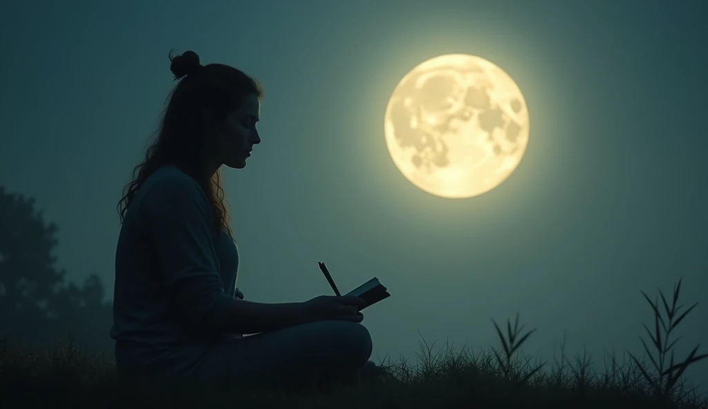 A scene of a person engaging in deep self-reflection, perhaps through meditation or journaling, with the full moon casting a soft, introspective light on their face. The atmosphere should be calm and introspective, highlighting the theme of self-awareness. -ar 16:9