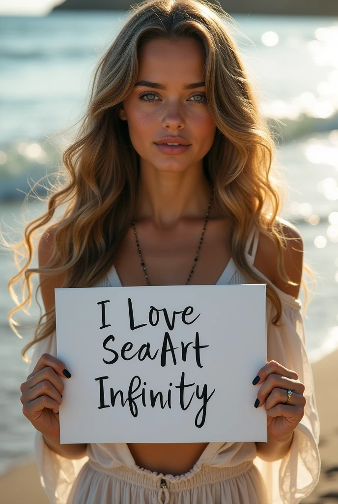 Beautiful girl with wavy long hair, bohemian dress, holding a white board with text "I Love Seaart Infinity" and showing it to the viewer