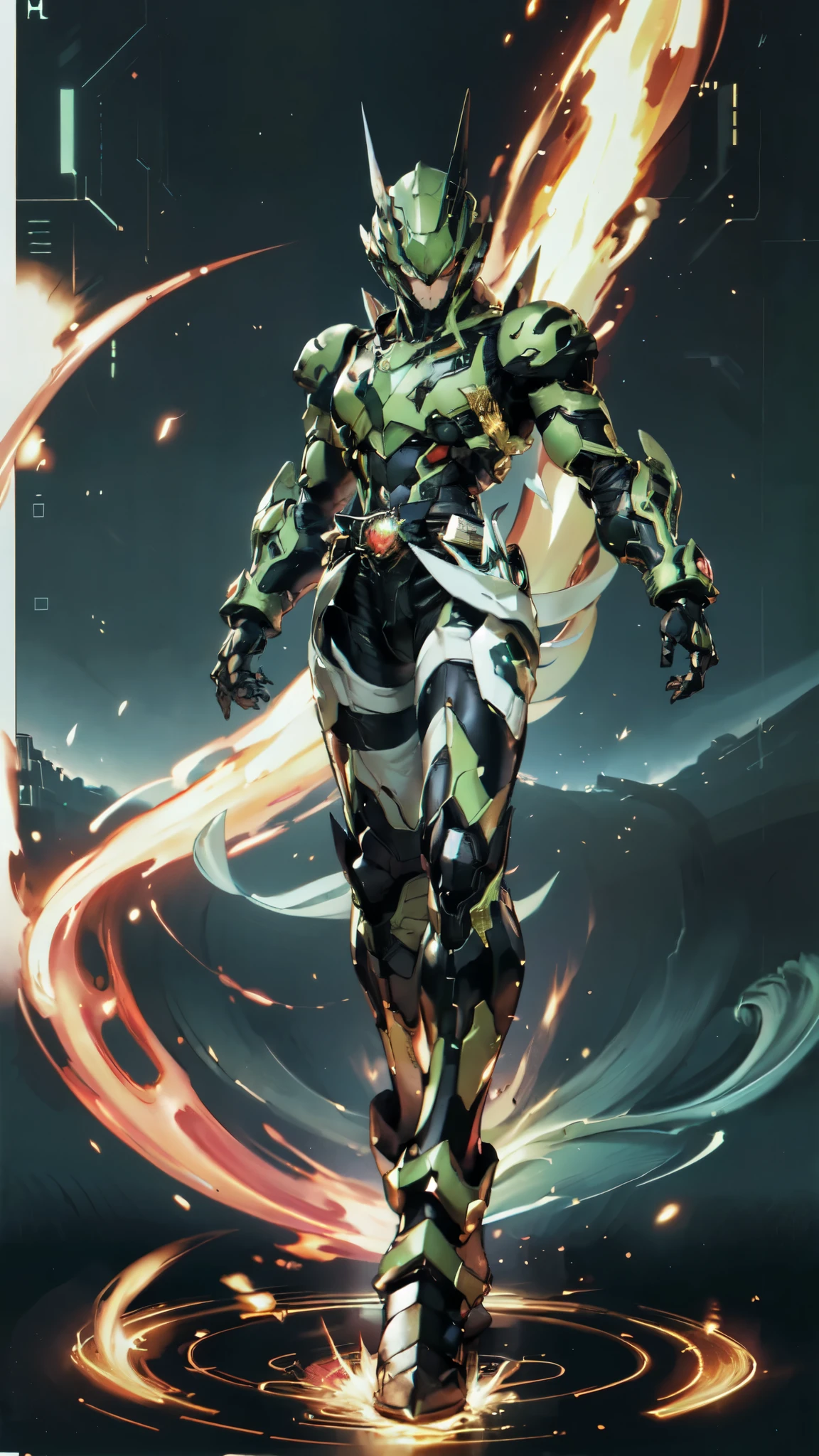 (masterpiece:1.5, best quality:1.5, extremely delicate:1.5), a man wearing a full-face helmet, a fantasy-style biotech armored combat suit, green eyes, (a composite layered chest armor), fully enclosed shoulder guards, matching arm and leg guards, belt of Neon circuit, (the color scheme is primarily black with green and red accents), the design balances heavy with agility, a high-tech bio-mecha armor, (Armor Concept Inspired by Batman, stand on the top of a skyscraper in a futuristic sci-fi city), this character embodies a finely crafted fantasy-surreal style armored hero in anime style, exquisite and mature manga art style, (element, plasma, energy, the armor glows), ((male:1.5)), metallic, high definition, highres, ultra-detailed, ultra-fine painting, professional, perfect body proportions, golden ratio, anatomically correct, symmetrical face, extremely detailed eyes and face, high quality eyes, creativity, RAW photo, UHD, 32k, Natural light, cinematic lighting, masterpiece-anatomy-perfect