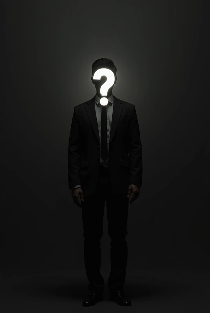 A completely dark background with an outline of a formally dressed person with the image of a question mark in the center
