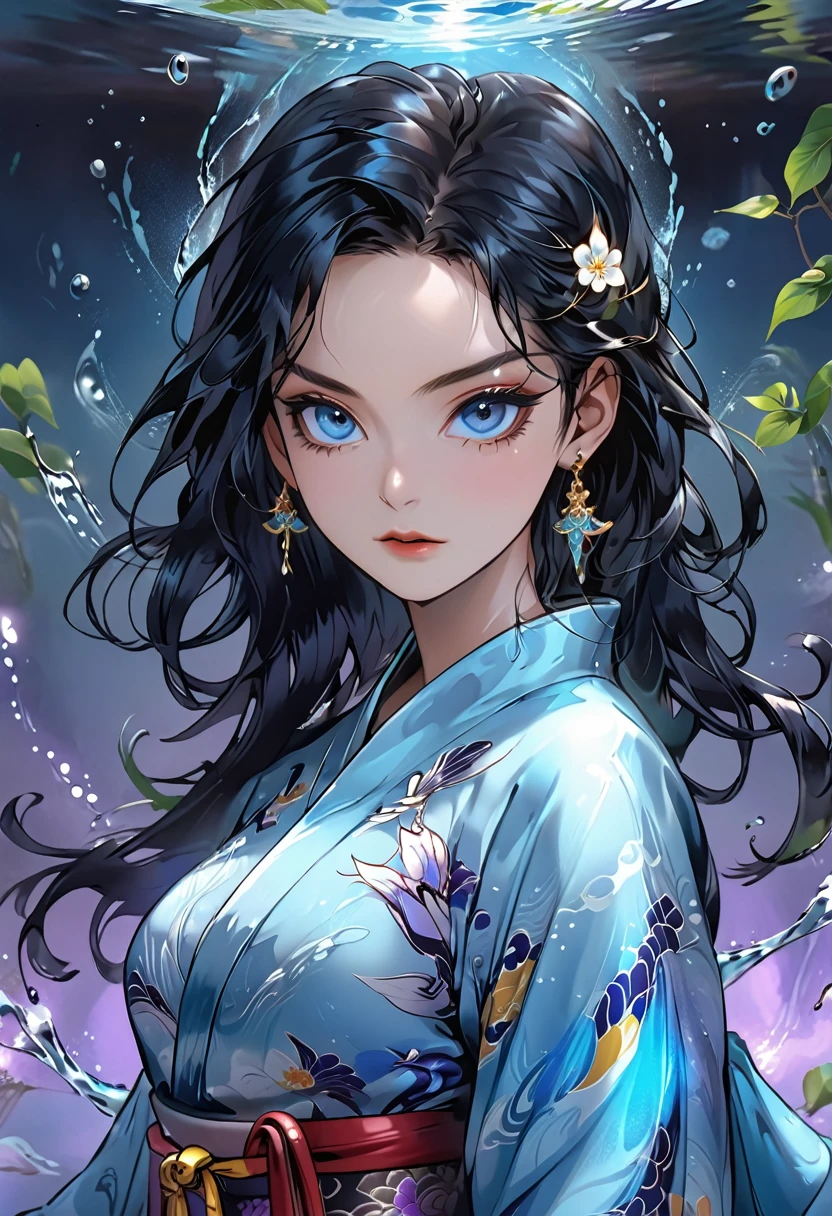 gorgeous female air and water wizzard in traditional kimono, magical female monk, blue shiny eyes, gorgeous big cute eyes, gorgeous woman, big chest