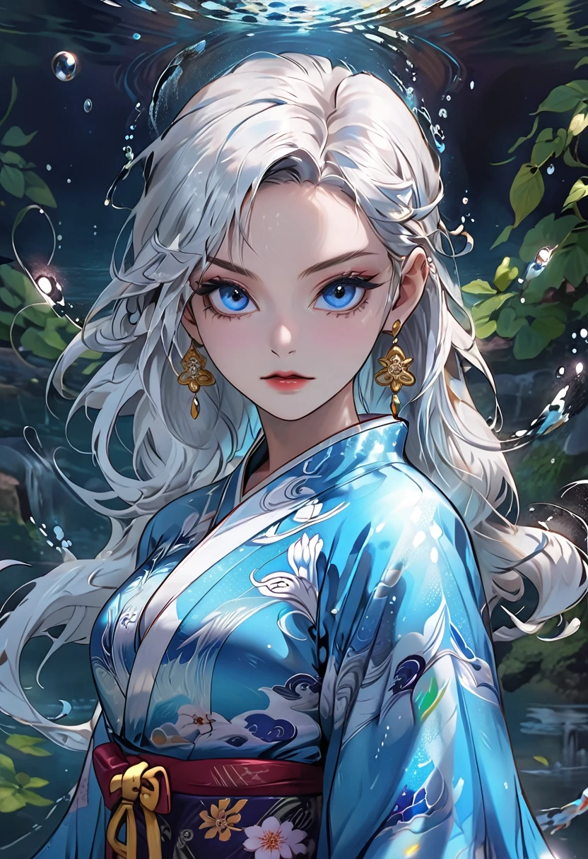 gorgeous female air and water wizzard in traditional kimono, magical female monk, blue shiny eyes, gorgeous big cute eyes, gorgeous woman, big chest