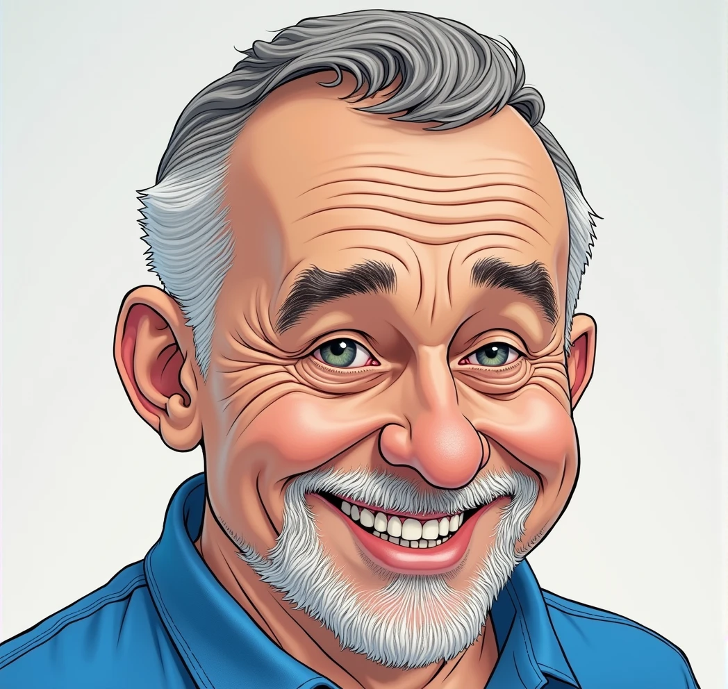 caricature of a man, with a short white beard, smiling and wearing a blue shirt