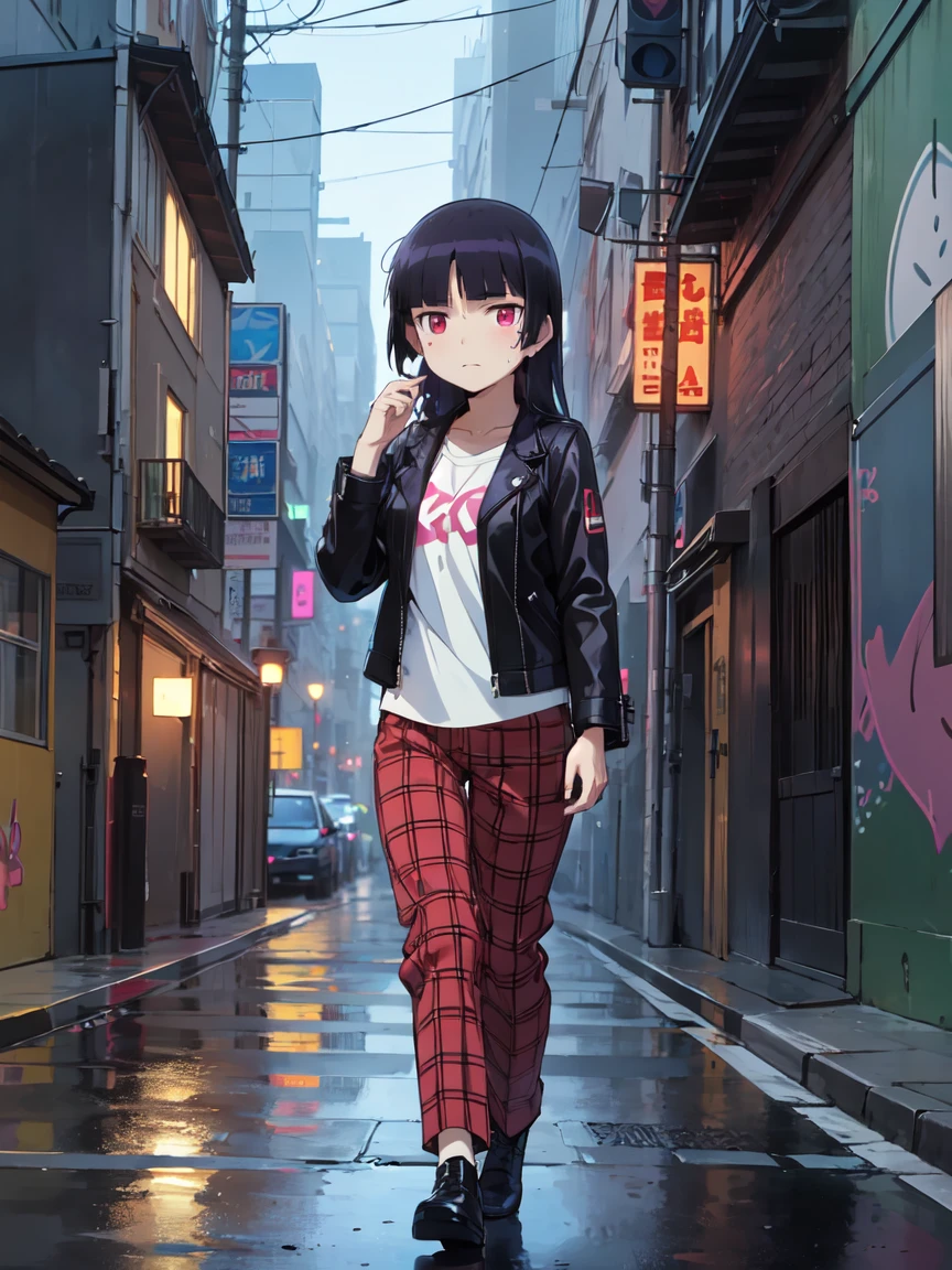  (ruri gokou), woman, alone, Hime cut, Mole under the eye, Red eyes, (Black Leather Jacket), Night City, neonライト, Graffiti wall,
after the rain, Wet asphalt reflecting light,
turn up one&#39;s jacket collar, Cool look,
Punk Style, Night City, neon, after the rain,Tartan trousers, 
