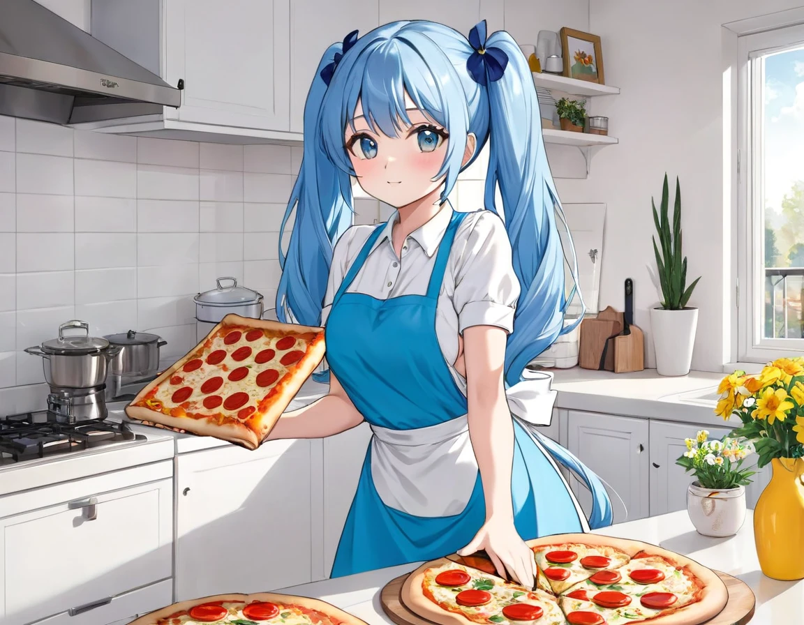 Light blue long hair、Beautiful girl with twin tails、Making a big pizza in an apron、Bright, sunny kitchen、There are lots of margaret flowers on the windowsill.、