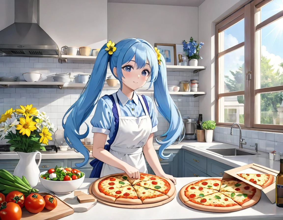 Light blue long hair、Beautiful girl with twin tails、Making a big pizza in an apron、Bright, sunny kitchen、There are lots of margaret flowers on the windowsill.、