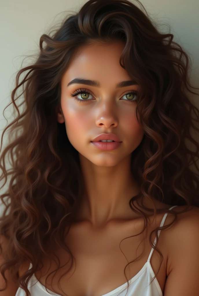 a brown skin girl with doe pure green eyes long eyelashes slim cheeks dimples full link lips long curly brown hair really long