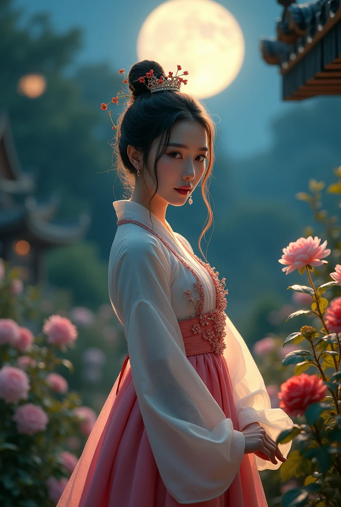best quality, high_resolution, distinct_image, detailed background , saxy girl, so short dress , hanbok,flower,garden,moon, night,dutch angle, wide shot, crown,