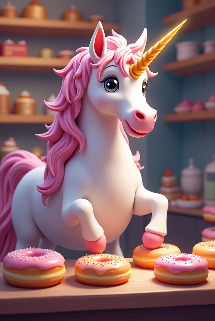 A Unicorn making donuts to sell