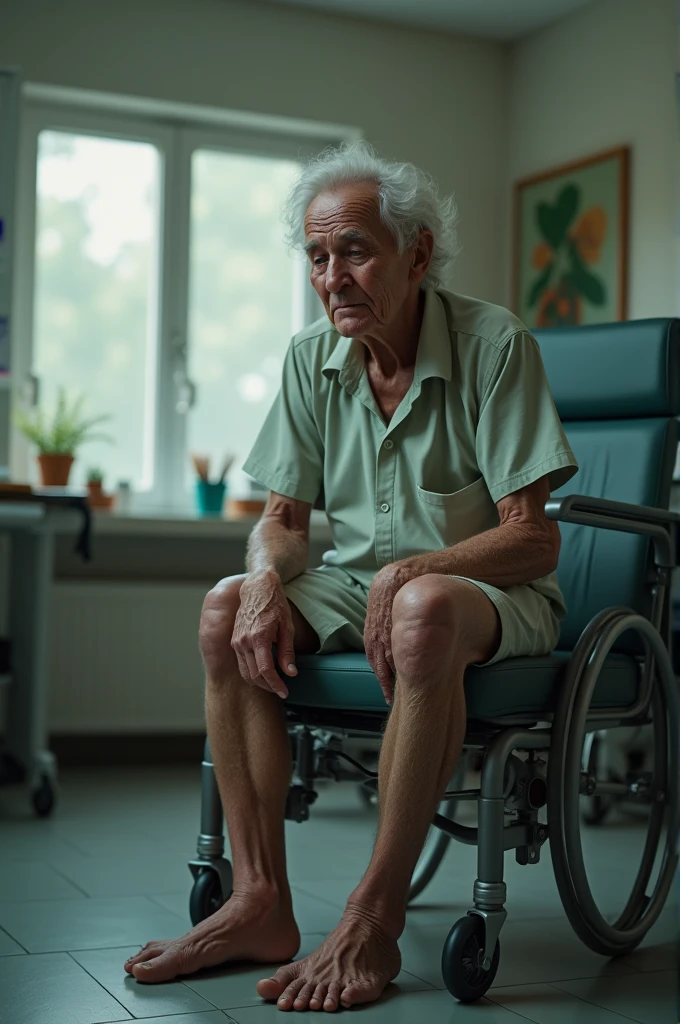 an elderly, with swollen legs, face with premature wrinkles and unkempt, with elephantiasis disease, in a physiotherapy office 