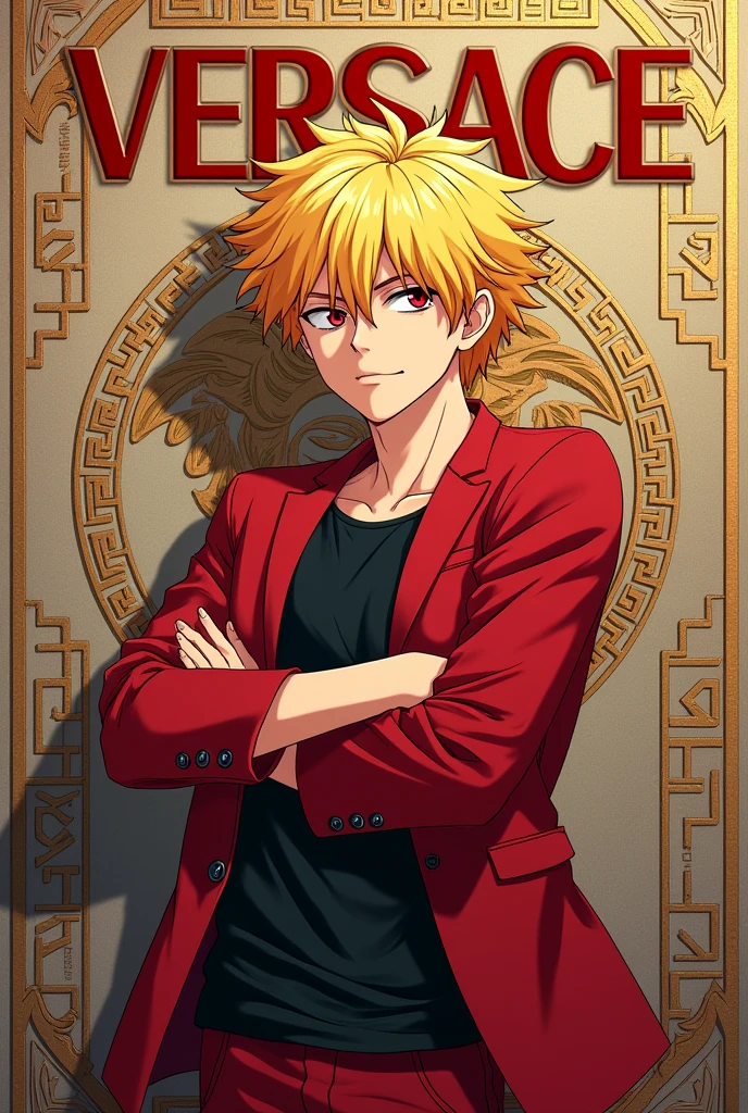 (Bakugo katsuki from my hero academia being on a versace magazine poster promoting this same one with a small smile, The poster is in shades of the Versace brand and in the background are the brand's letters since it is the cover of the magazine but on a poster.Bakugo has a serious look the sign is somewhat dull colors. Bakgo's eyes are red and he is blonde . MAKE IT AS SIMILAR AS POSSIBLE TO AKINE FROM MY HERO ACADEMIA BAKUGO KATSUKI