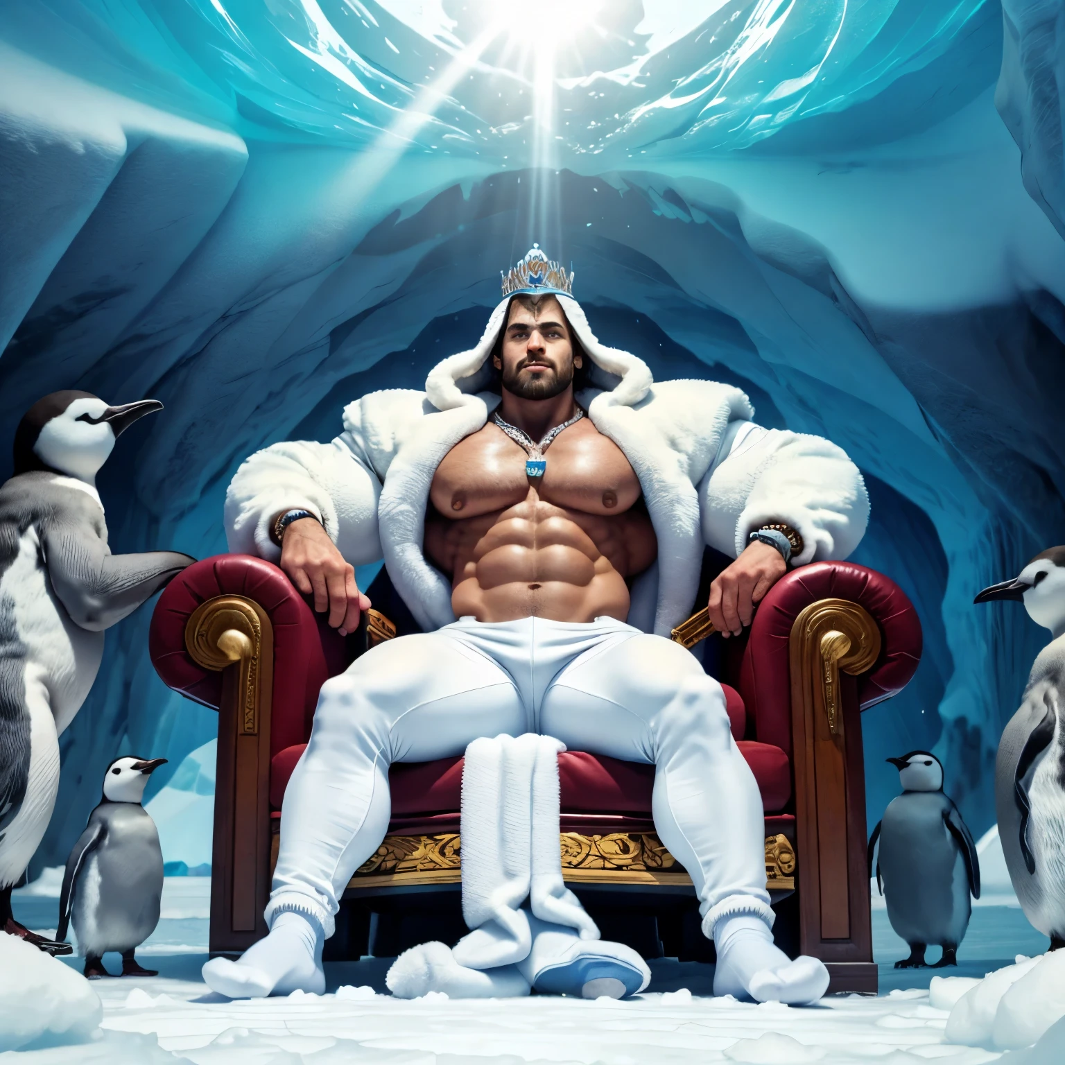 full body, handsome very muscular young bodybuilded white King of Antartica, short light-brown hair, ice-blue eyes, square jaw, wearing diamond crown, white fur coat,white leather pants, dozens of diamond rings, necklaces, bracelets, earings, white sheer glittering socks, No Shoes, arrogantly sprawled on throne in his socks, looking boring, large view on throne room looking like a luxuriously decorated ice cave, behind view of Antarctic under sun, a few penguins can be seen