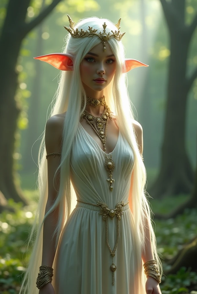 Elf forest goddess, long white hair, slender body, high ears, fantastic forest, detailed facial features, full lips, porcelain skin. The lady of the fairy forest. She has a crown on her head, bracelets on her hands, and a massive necklace around her neck. A long, light, semi-transparent, form-fitting dress. Spectacular lighting, dramatic fantasy scene, rim lighting, A sunbeam illuminates the forest. Detailed textures, Highly detailed, 8K, Cinematic, Award-winning artwork, Digital painting, Conceptual art, Photorealistic, Detailed eyes. Resolution 16K,Nikon Z9, digital photography, ultra textured leather, Realistic photography, Cinematic effect, soft light, soft shadows, high quality volumetric lighting