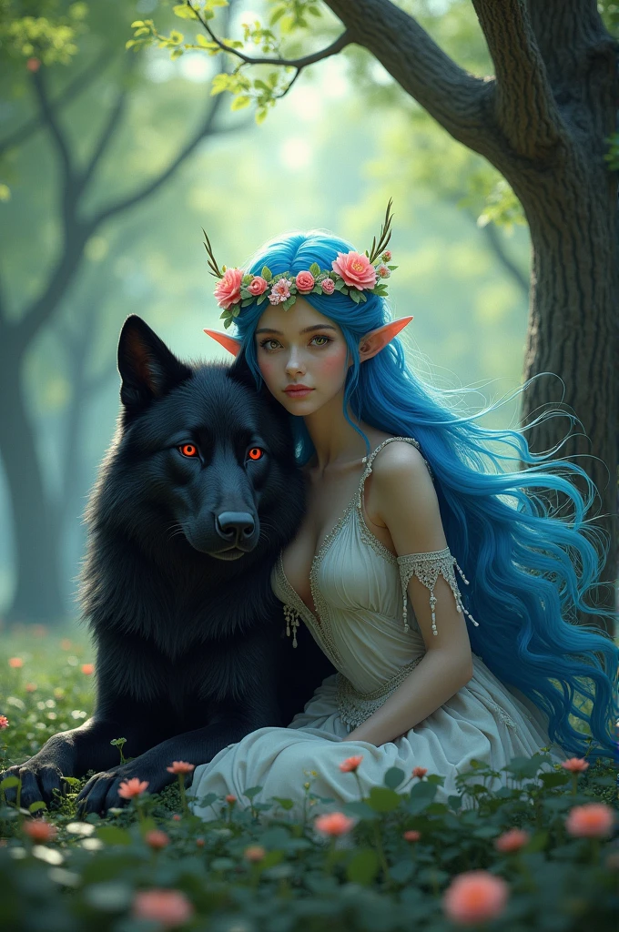 A blue-haired female elf with a flower crown on her head accompanied by a black wolf with red eyes