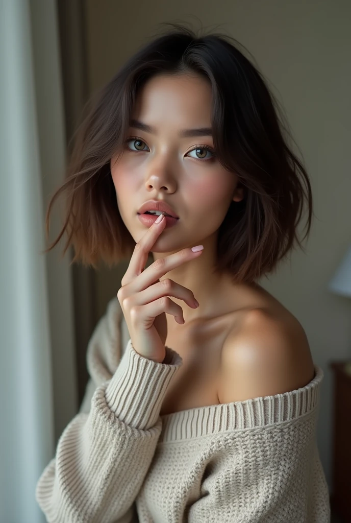 masterpiece, 1gril, ((masterpiece, Best quality, HD)),corps entier, ultra high definition, (photorealistic: 1.4), Seulement, Une belle fille, dark brown hair, yeux bleu, A bottomless European model, model pose, debout, 25 ans, curvy body, well dressed, nice dress, fully covered, avec un pull, seins moyens, beau visage, natural skin texture, realistic skin, maquillage naturel, Cheveux courts bob, a wall behind her with bedside table only, photo iphone, Realistic, first quality, delicate face, Low diffuse light, peau naturelle, instagram photo, 8K UHD, High quality, grain filmique, iPhone, Photo RAW séquencée, doigt mordant, detailed face, Slightly blurred detailed backgrounds, hdr, Realistic photo, Photo professionnelle, flirter avec le spectateur, photorealistic.