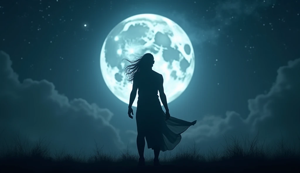A dynamic image of a person standing confidently with the full moon in the background, symbolizing alignment and self-realization. The scene should convey empowerment and clarity, with the moonlight highlighting the person’s sense of purpose and authenticity. -ar 16:9