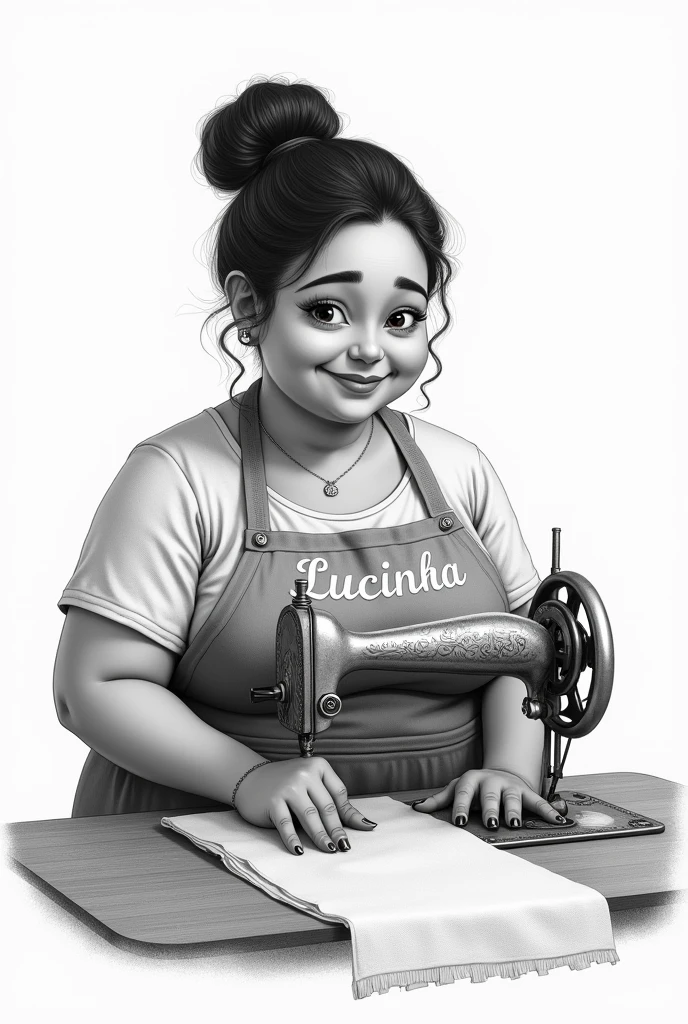 Drawing of a chubby Brazilian woman with black hair tied up with a dimple on her face. Seamstress sewing on the sewing machine. White background. Apron with the name Lucinha.