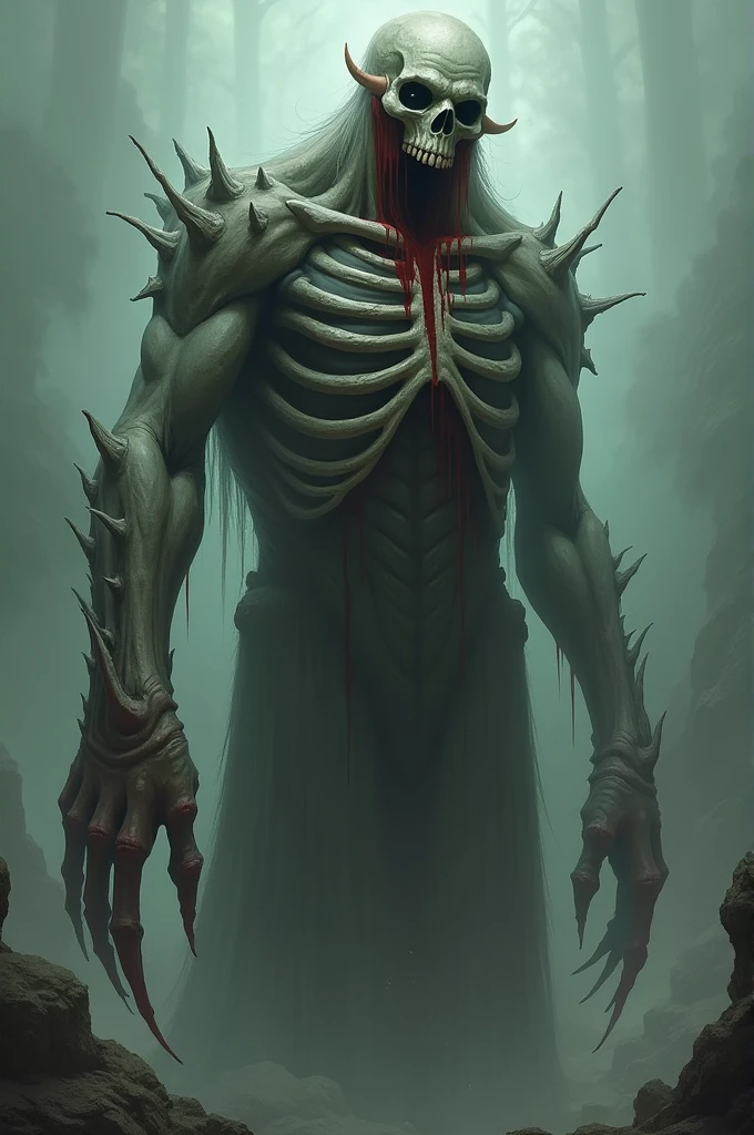 Create a monster in the paranormal order art style where it is 3 meters tall, has a mouthless, skeletal face, ashen skin, black eyes with a small gray dot his ribs appear coming out of his chest, his left arm has a large bone that looks a bit like a twisted pincer, he has blood running down his face, SEM BOCA THE OARANORMAL ORTHER STYELE ART OF MONSTERS NO MOUTH NO MOUTH