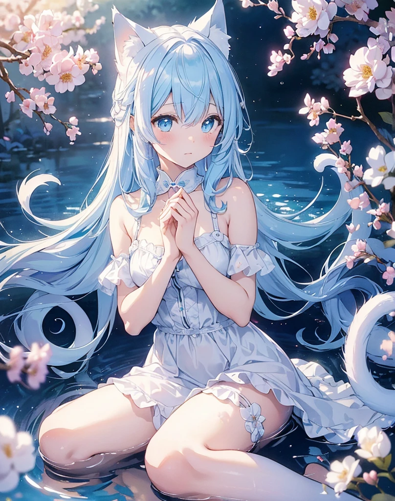 (high quality, 8k), (Soft Light), Iridescent, One nekoGirl, neko ears, fox tail,Detailed face, Beautiful Eyes, watercolor paiting, So magical and dreamy, Dreamy details, Dreamy atmosphereとドラマ, Gorgeous atmosphere, Fantastic and beautiful lighting, Dreamy atmosphere, Beautiful atmosphere, Dreamy Romantic, Fantastic and dreamy theme, Magical atmosphere, Beautiful atmosphere, Anime Background Art, Magical atmosphere + Tabletop, Dreamy aesthetics, Beautiful details with atmosphere, Lots of flowers, bubble, water, garden, Sit on the ground, Shining Eyes. (((Light blue hair))), (((white cat ears))), (((light blue fox tail))). Water. She hold a little cute white fox on her belly between her hands